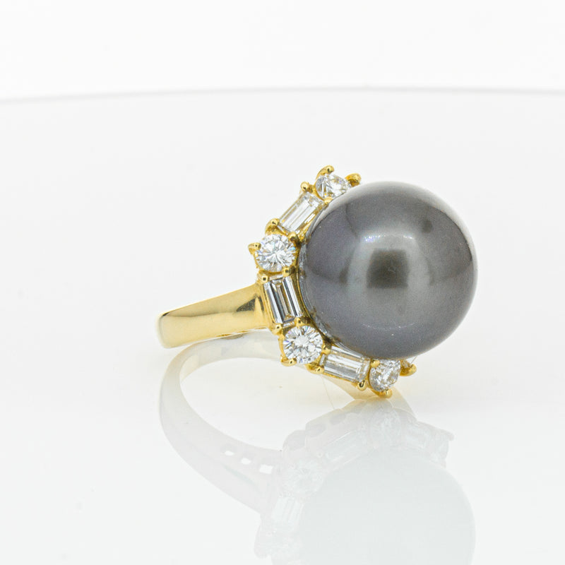 Deja Vu 18ct Yellow Gold 13mm Black Pearl & Diamond Ring-Ring-Walker & Hall