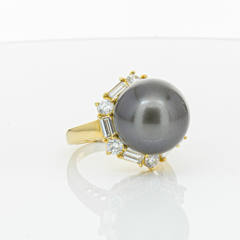 Deja Vu 18ct Yellow Gold 13mm Black Pearl & Diamond Ring-Ring-Walker & Hall