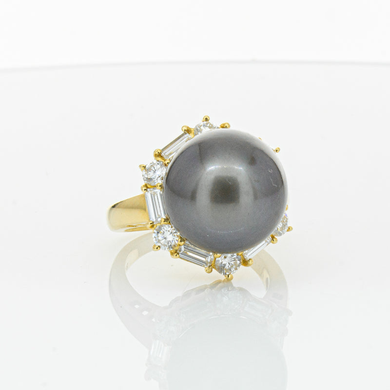 Deja Vu 18ct Yellow Gold 13mm Black Pearl & Diamond Ring-Ring-Walker & Hall