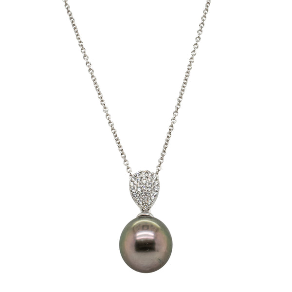 18ct White Gold Black Pearl & Diamond Aegean Pendant - Necklace - Walker & Hall