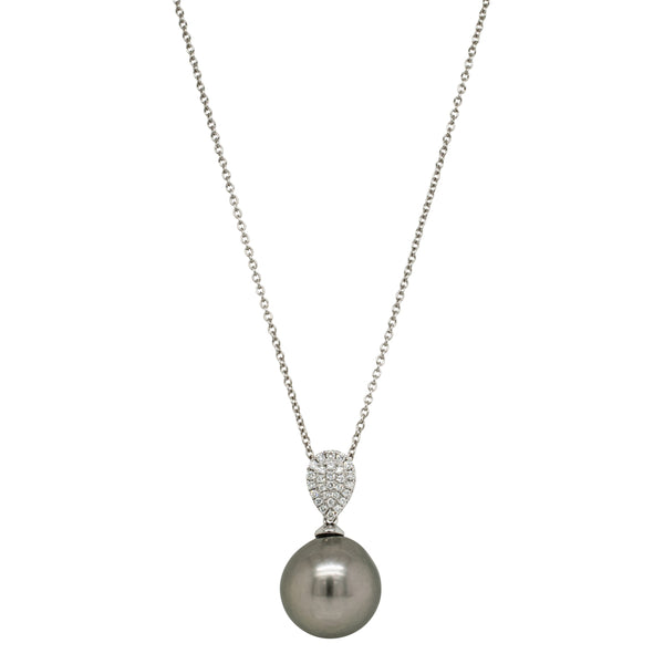 18ct White Gold 13.1mm Tahitian Pearl & Diamond Aegean Pendant - Necklace - Walker & Hall