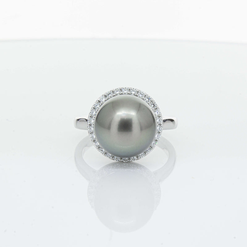18ct White Gold Tahitian Black Pearl & Diamond Callisto Ring-Ring-Walker & Hall