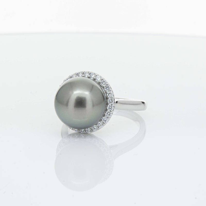 18ct White Gold Tahitian Black Pearl & Diamond Callisto Ring-Ring-Walker & Hall