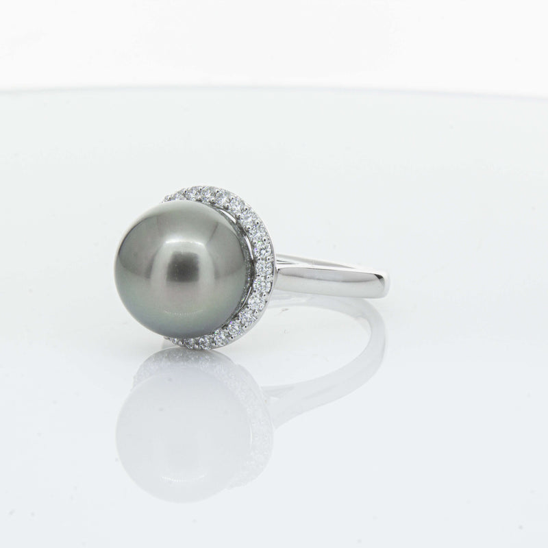 18ct White Gold Tahitian Black Pearl & Diamond Callisto Ring-Ring-Walker & Hall