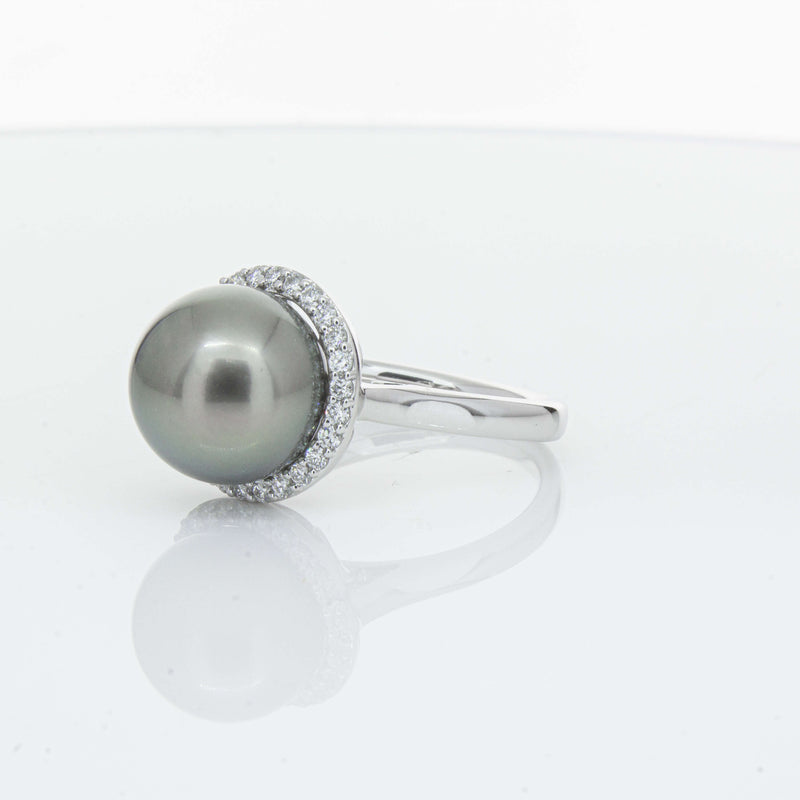 18ct White Gold Tahitian Black Pearl & Diamond Callisto Ring-Ring-Walker & Hall