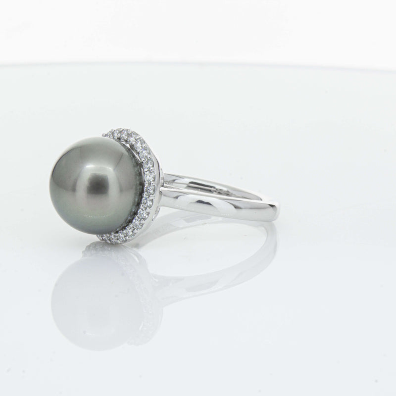 18ct White Gold Tahitian Black Pearl & Diamond Callisto Ring-Ring-Walker & Hall