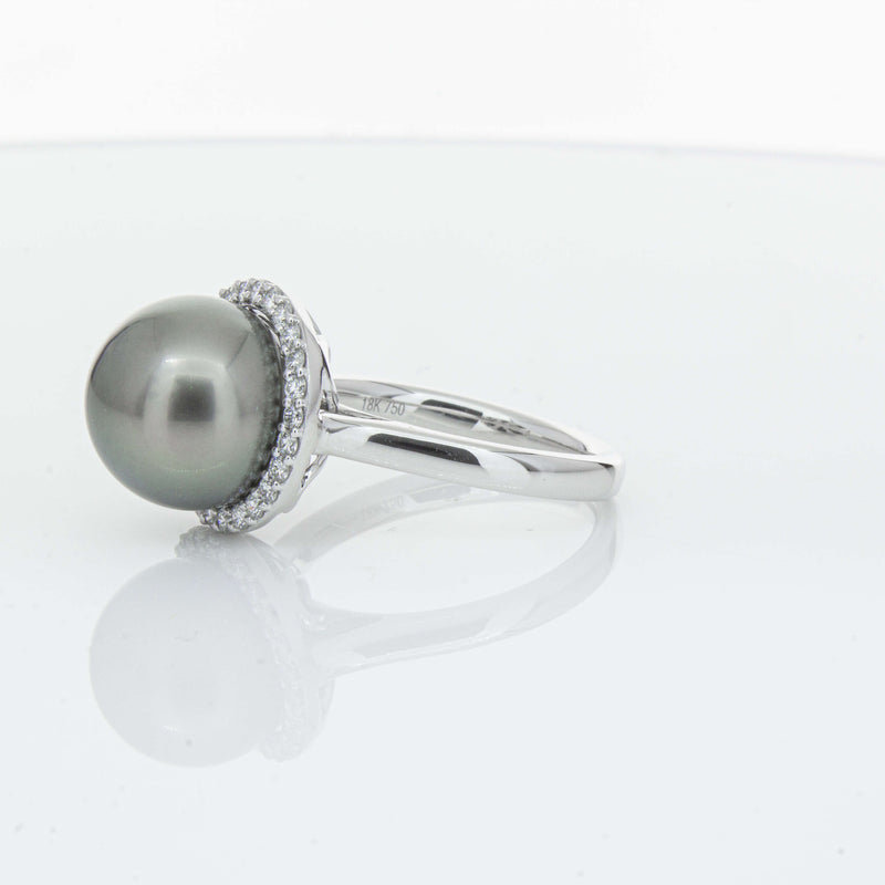 18ct White Gold Tahitian Black Pearl & Diamond Callisto Ring-Ring-Walker & Hall