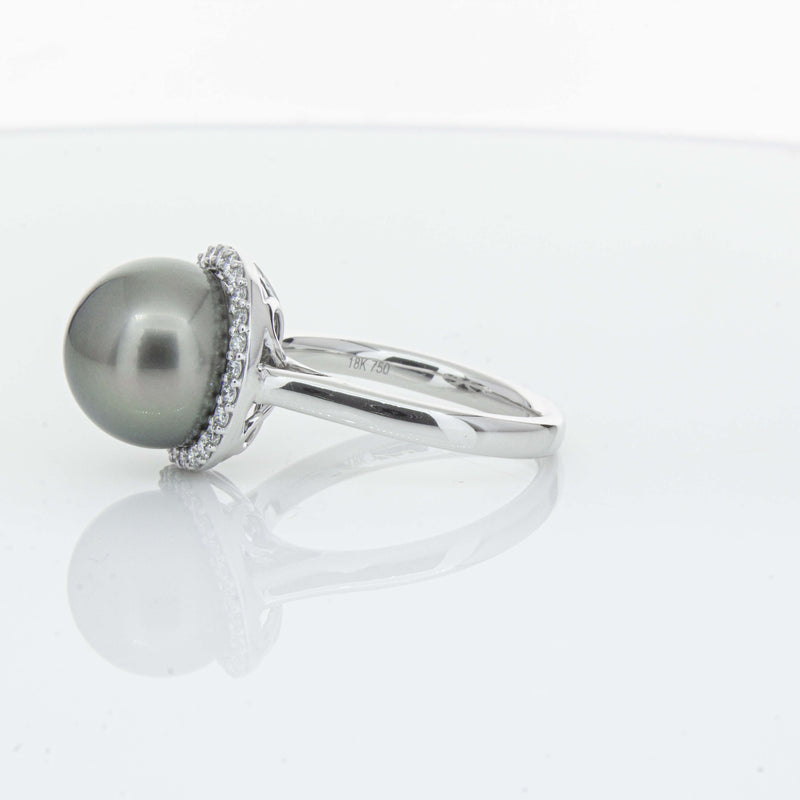 18ct White Gold Tahitian Black Pearl & Diamond Callisto Ring-Ring-Walker & Hall