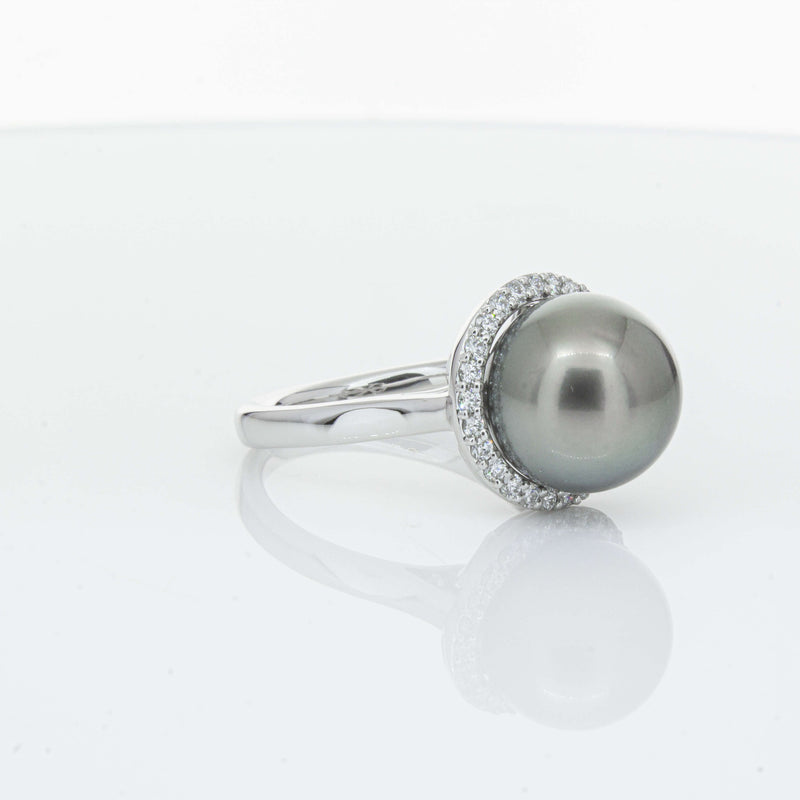 18ct White Gold Tahitian Black Pearl & Diamond Callisto Ring-Ring-Walker & Hall