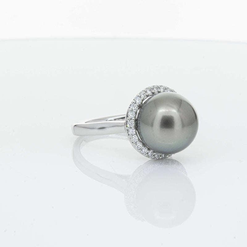 18ct White Gold Tahitian Black Pearl & Diamond Callisto Ring-Ring-Walker & Hall