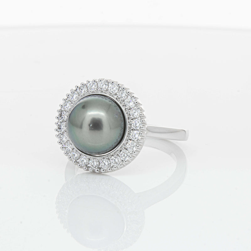 18ct White Gold 9.1mm Tahitian Black Pearl & Diamond Daisy Ring-Ring-Walker & Hall