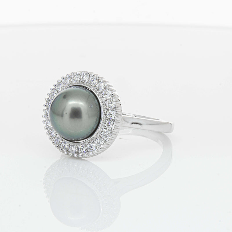 18ct White Gold 9.1mm Tahitian Black Pearl & Diamond Daisy Ring-Ring-Walker & Hall