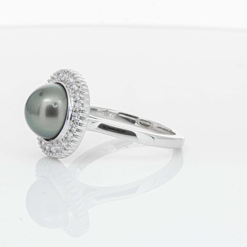 18ct White Gold 9.1mm Tahitian Black Pearl & Diamond Daisy Ring-Ring-Walker & Hall