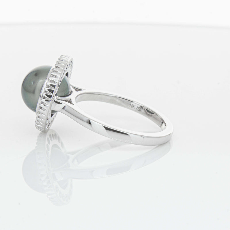 18ct White Gold 9.1mm Tahitian Black Pearl & Diamond Daisy Ring-Ring-Walker & Hall