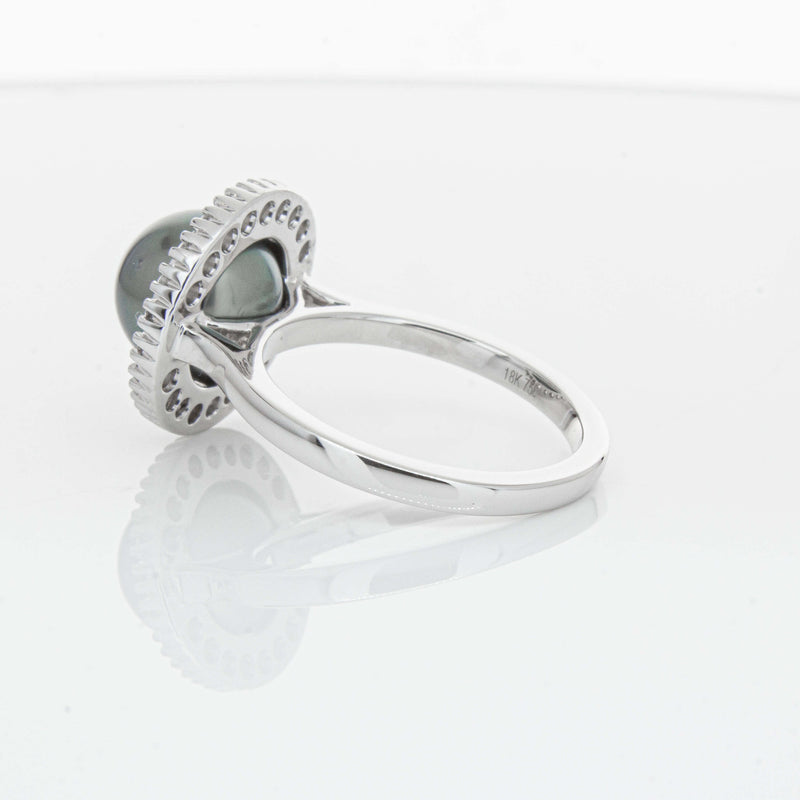 18ct White Gold 9.1mm Tahitian Black Pearl & Diamond Daisy Ring-Ring-Walker & Hall