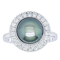 18ct White Gold 9.1mm Tahitian Black Pearl & Diamond Daisy Ring-Ring-Walker & Hall