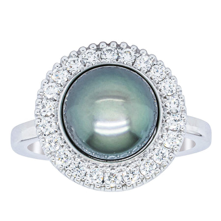 18ct White Gold 9.1mm Tahitian Black Pearl & Diamond Daisy Ring-Ring-Walker & Hall