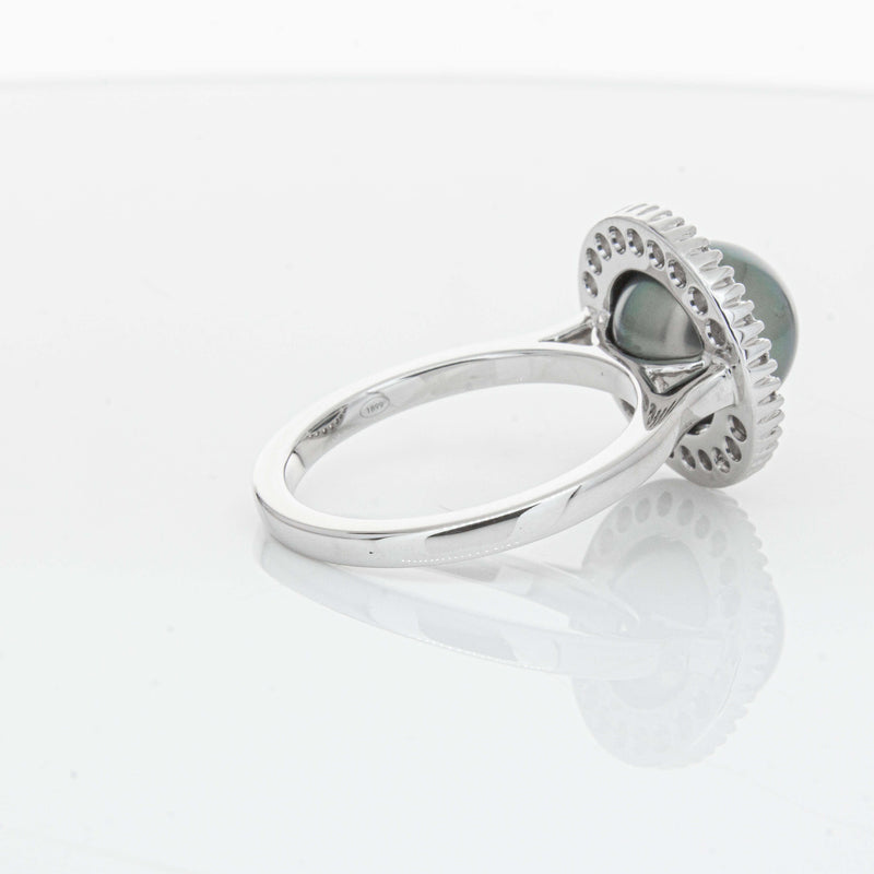 18ct White Gold 9.1mm Tahitian Black Pearl & Diamond Daisy Ring-Ring-Walker & Hall