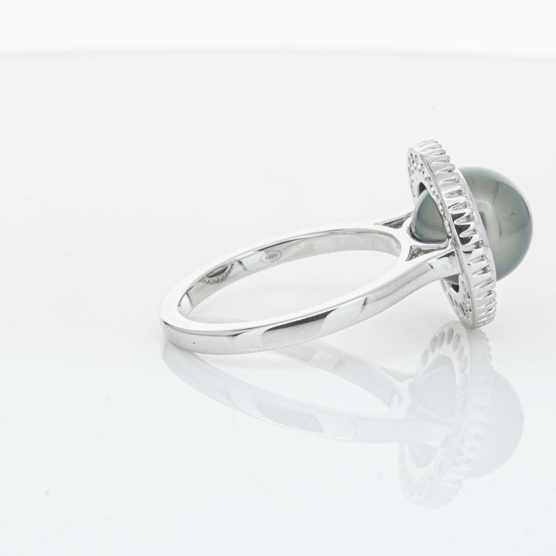 18ct White Gold 9.1mm Tahitian Black Pearl & Diamond Daisy Ring-Ring-Walker & Hall