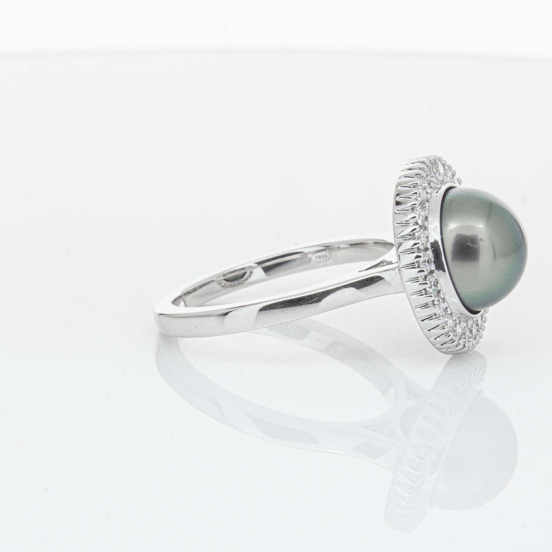 18ct White Gold 9.1mm Tahitian Black Pearl & Diamond Daisy Ring-Ring-Walker & Hall