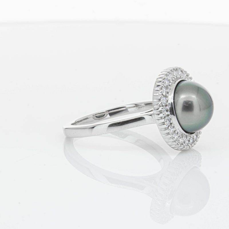 18ct White Gold 9.1mm Tahitian Black Pearl & Diamond Daisy Ring-Ring-Walker & Hall