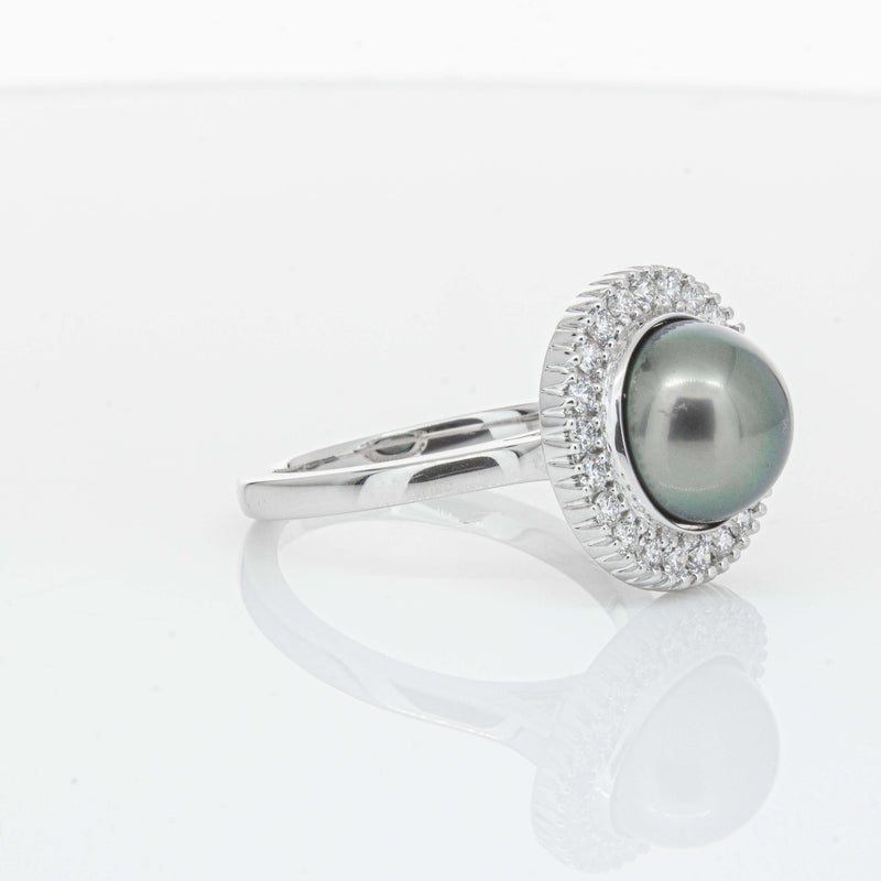 18ct White Gold 9.1mm Tahitian Black Pearl & Diamond Daisy Ring-Ring-Walker & Hall