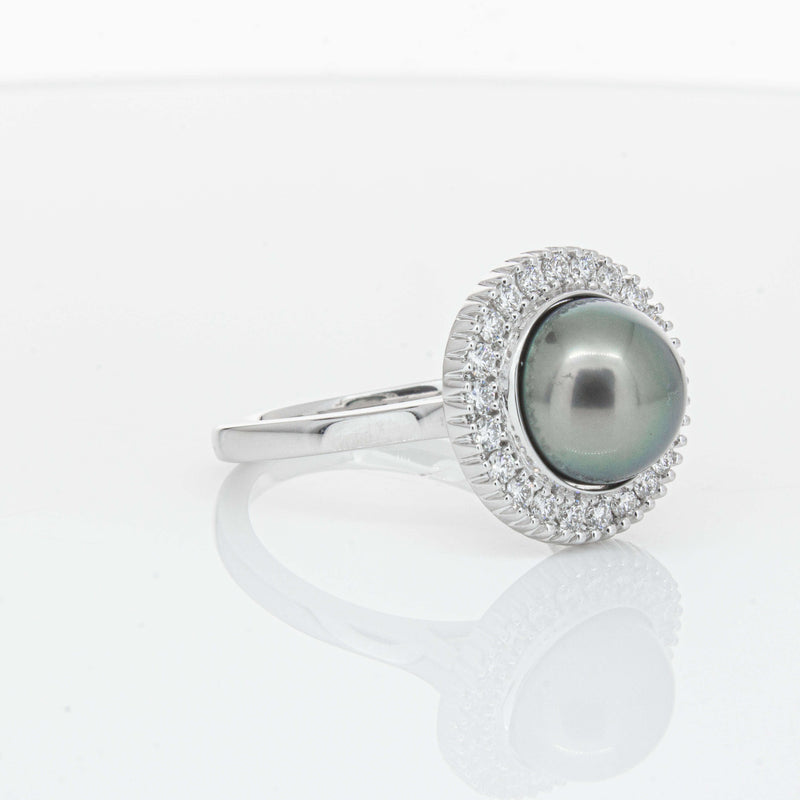 18ct White Gold 9.1mm Tahitian Black Pearl & Diamond Daisy Ring-Ring-Walker & Hall