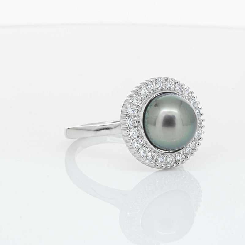 18ct White Gold 9.1mm Tahitian Black Pearl & Diamond Daisy Ring-Ring-Walker & Hall