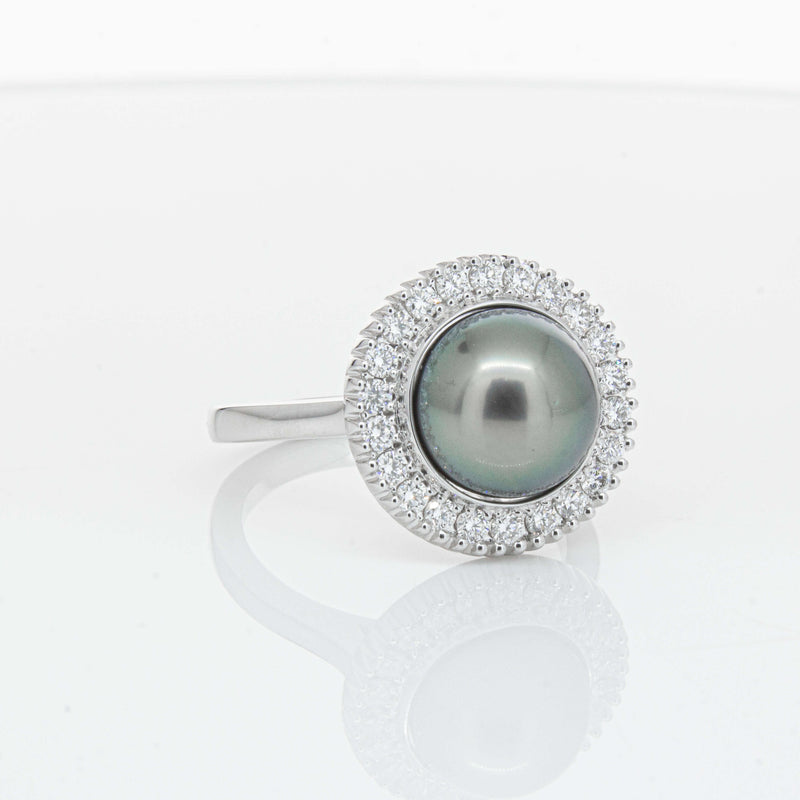 18ct White Gold 9.1mm Tahitian Black Pearl & Diamond Daisy Ring-Ring-Walker & Hall