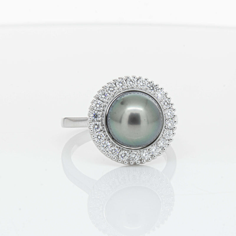 18ct White Gold 9.1mm Tahitian Black Pearl & Diamond Daisy Ring-Ring-Walker & Hall