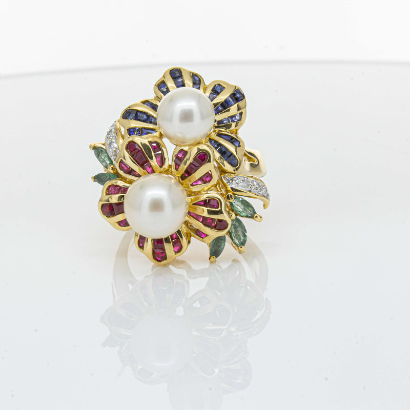 Deja Vu 18ct Yellow Gold Pearl & Multi Gem Floral Ring-Ring-Walker & Hall