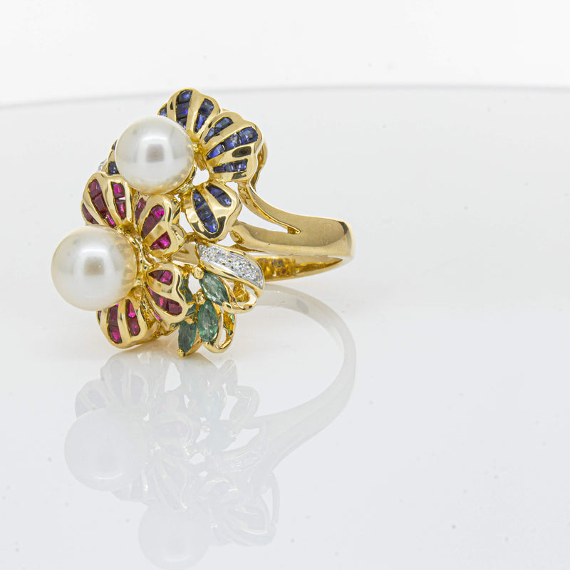 Deja Vu 18ct Yellow Gold Pearl & Multi Gem Floral Ring-Ring-Walker & Hall