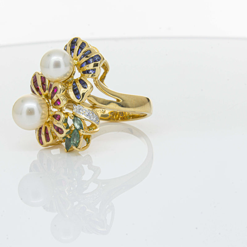 Deja Vu 18ct Yellow Gold Pearl & Multi Gem Floral Ring-Ring-Walker & Hall
