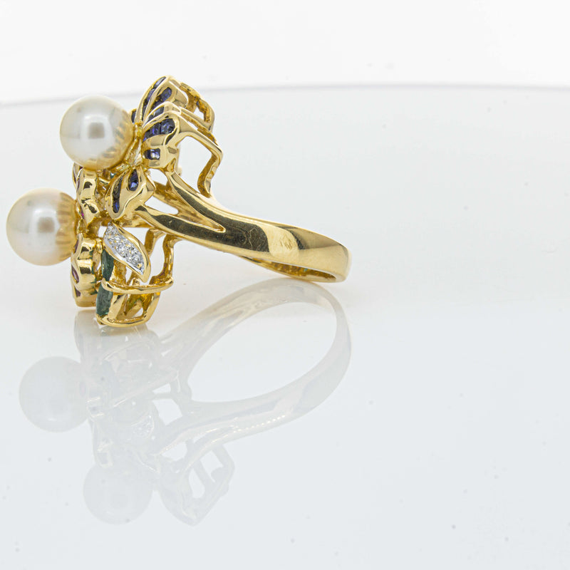 Deja Vu 18ct Yellow Gold Pearl & Multi Gem Floral Ring-Ring-Walker & Hall