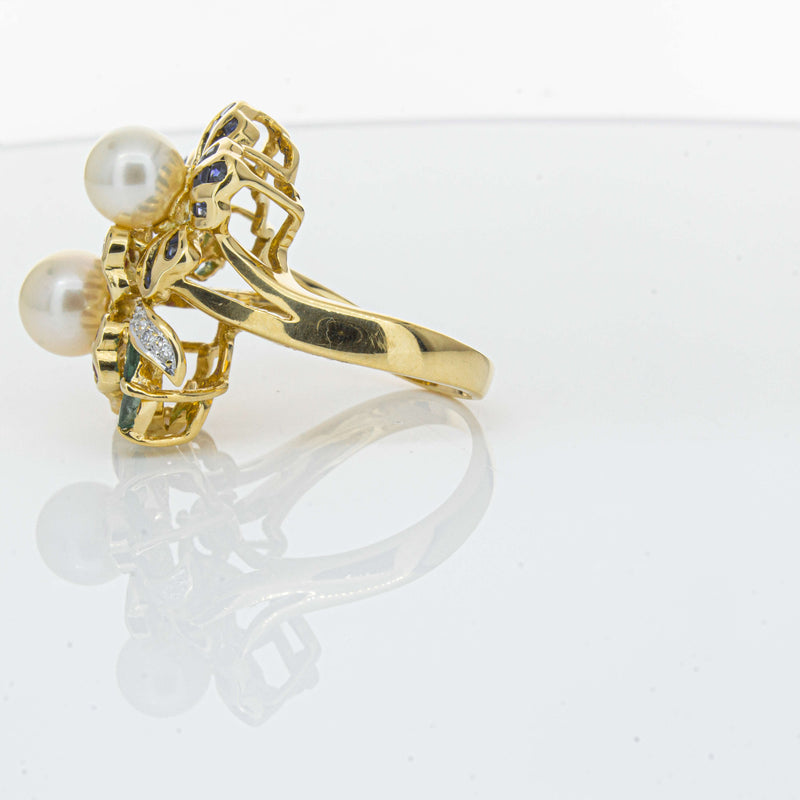 Deja Vu 18ct Yellow Gold Pearl & Multi Gem Floral Ring-Ring-Walker & Hall