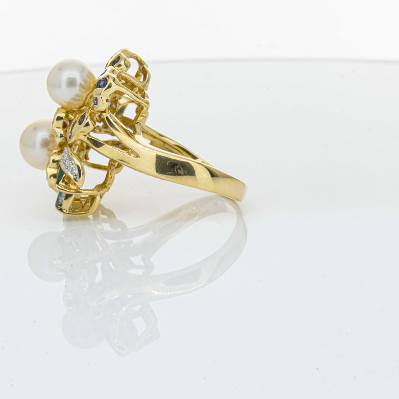 Deja Vu 18ct Yellow Gold Pearl & Multi Gem Floral Ring-Ring-Walker & Hall