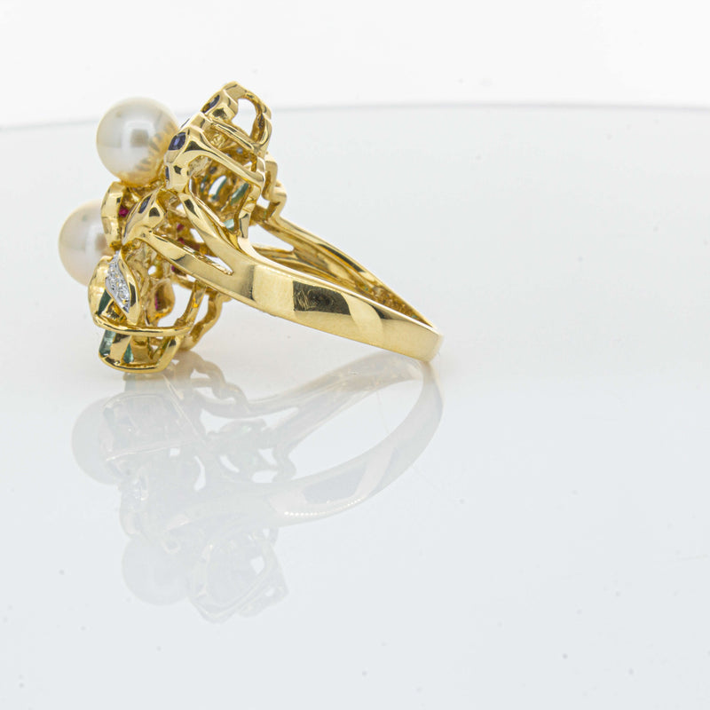 Deja Vu 18ct Yellow Gold Pearl & Multi Gem Floral Ring-Ring-Walker & Hall