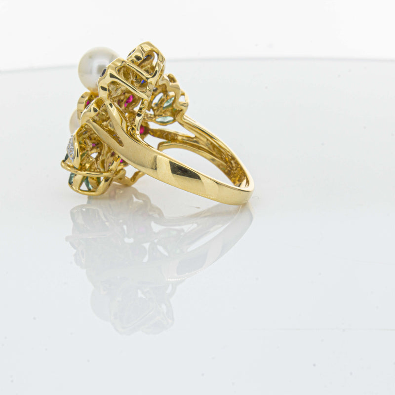 Deja Vu 18ct Yellow Gold Pearl & Multi Gem Floral Ring-Ring-Walker & Hall