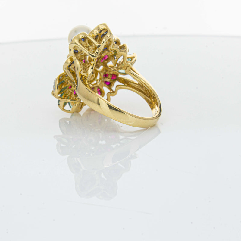 Deja Vu 18ct Yellow Gold Pearl & Multi Gem Floral Ring-Ring-Walker & Hall