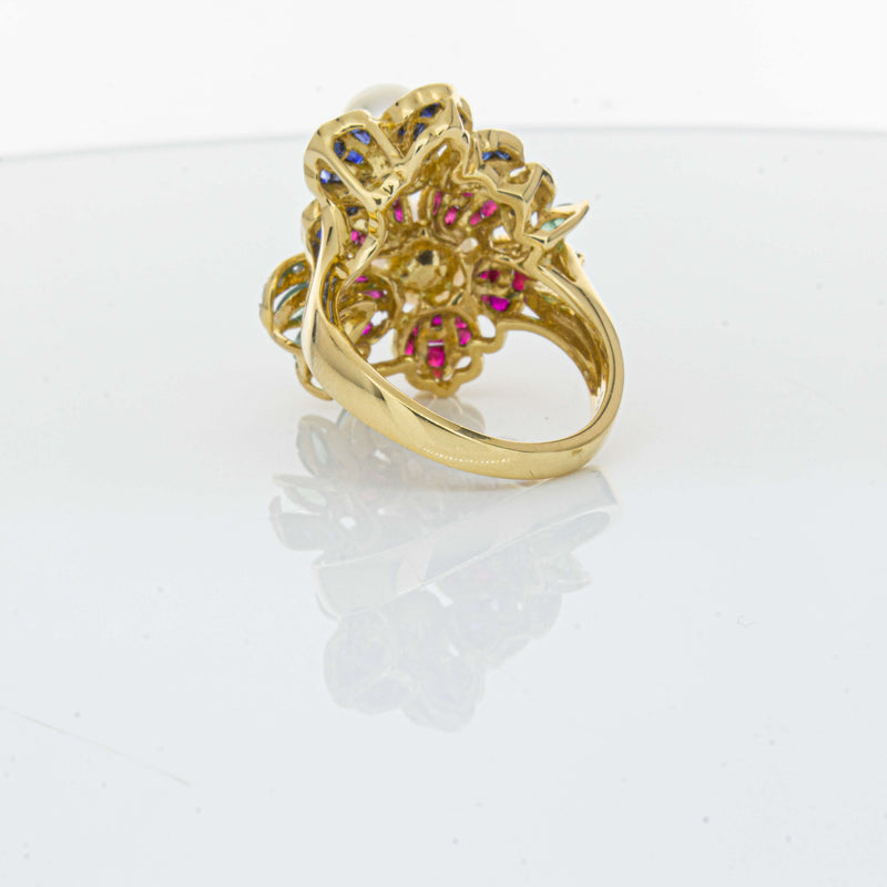 Deja Vu 18ct Yellow Gold Pearl & Multi Gem Floral Ring-Ring-Walker & Hall