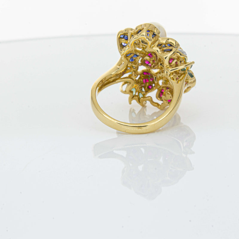 Deja Vu 18ct Yellow Gold Pearl & Multi Gem Floral Ring-Ring-Walker & Hall