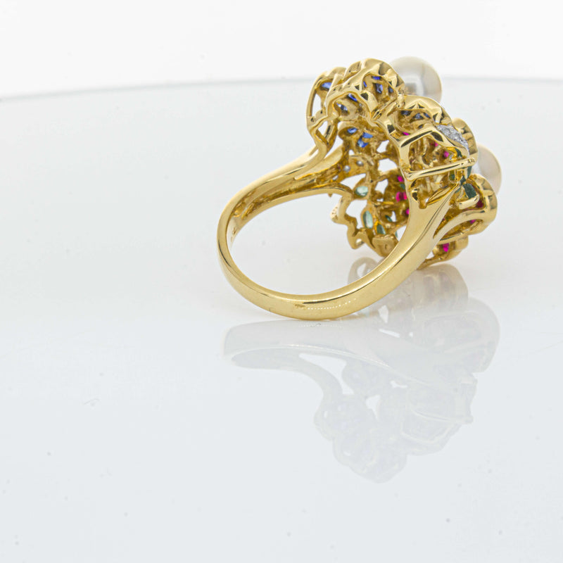Deja Vu 18ct Yellow Gold Pearl & Multi Gem Floral Ring-Ring-Walker & Hall