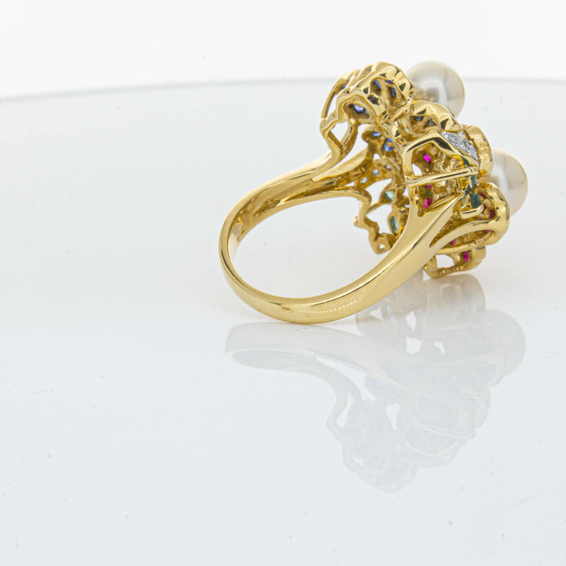 Deja Vu 18ct Yellow Gold Pearl & Multi Gem Floral Ring-Ring-Walker & Hall
