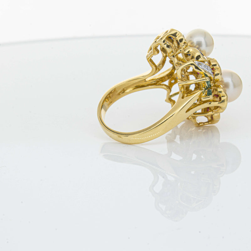 Deja Vu 18ct Yellow Gold Pearl & Multi Gem Floral Ring-Ring-Walker & Hall