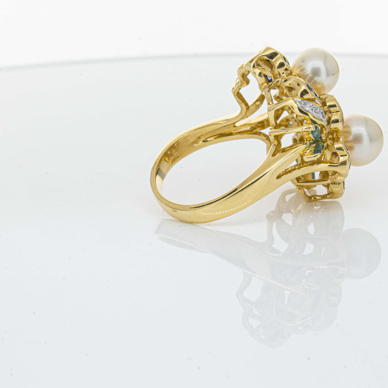 Deja Vu 18ct Yellow Gold Pearl & Multi Gem Floral Ring-Ring-Walker & Hall