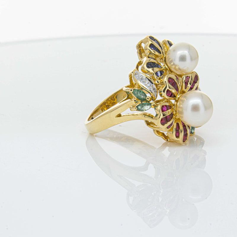 Deja Vu 18ct Yellow Gold Pearl & Multi Gem Floral Ring-Ring-Walker & Hall