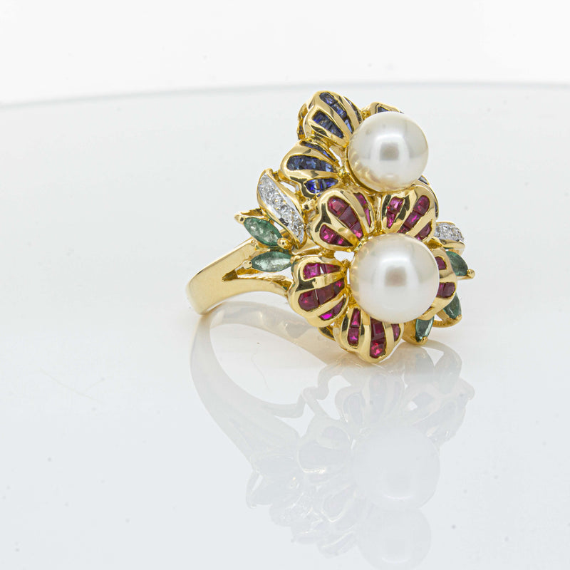 Deja Vu 18ct Yellow Gold Pearl & Multi Gem Floral Ring-Ring-Walker & Hall