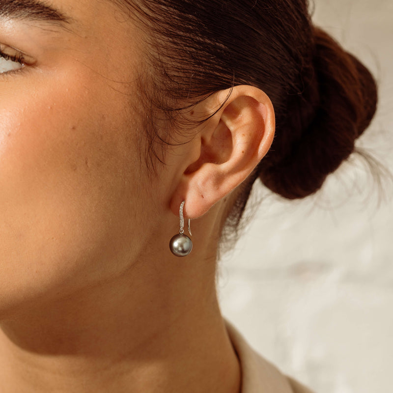 18ct White Gold 9-10mm Black Pearl & Diamond Drop Earrings - Earrings - Walker & Hall