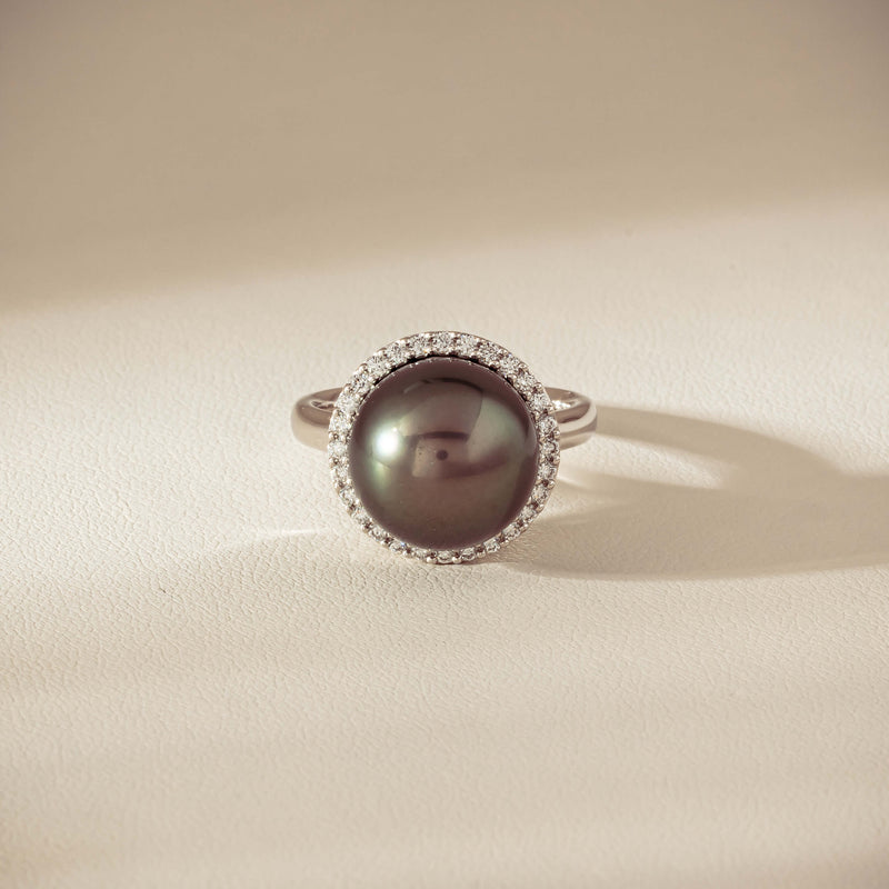 18ct White Gold 12.8mm Tahitian Pearl Diamond Callisto Ring - Ring - Walker & Hall