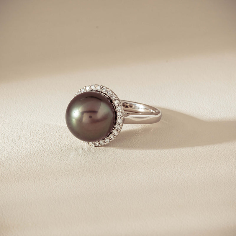 18ct White Gold 12.8mm Tahitian Pearl Diamond Callisto Ring - Ring - Walker & Hall